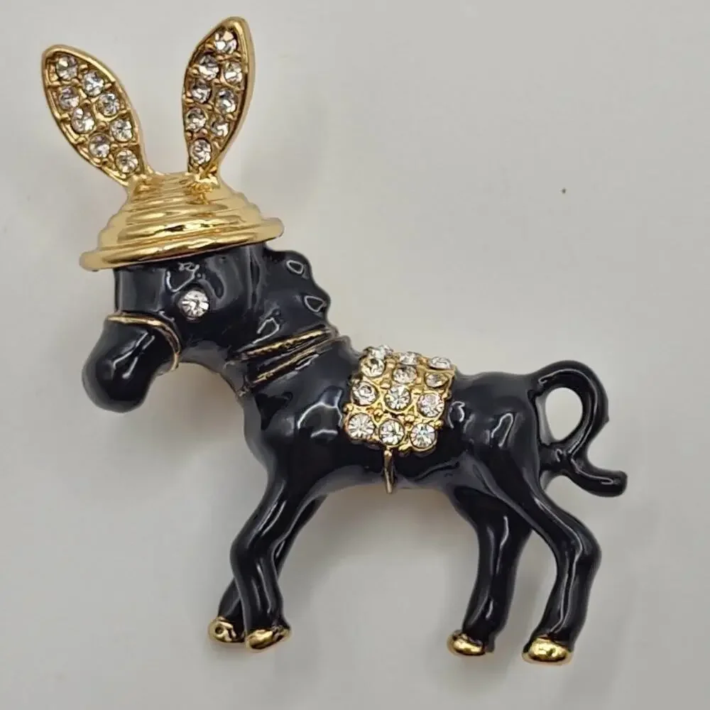 Donkey Burro Enamel Faux Rhinestone Brooch Black w/ Hat and Saddle